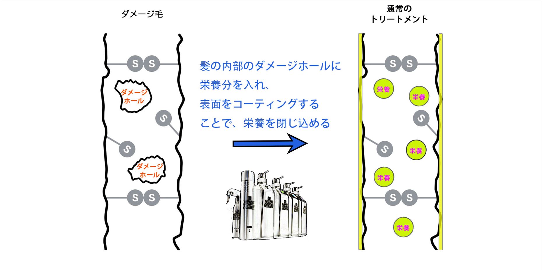 通常の美容院のトリートメントのダメージ補修の仕組み